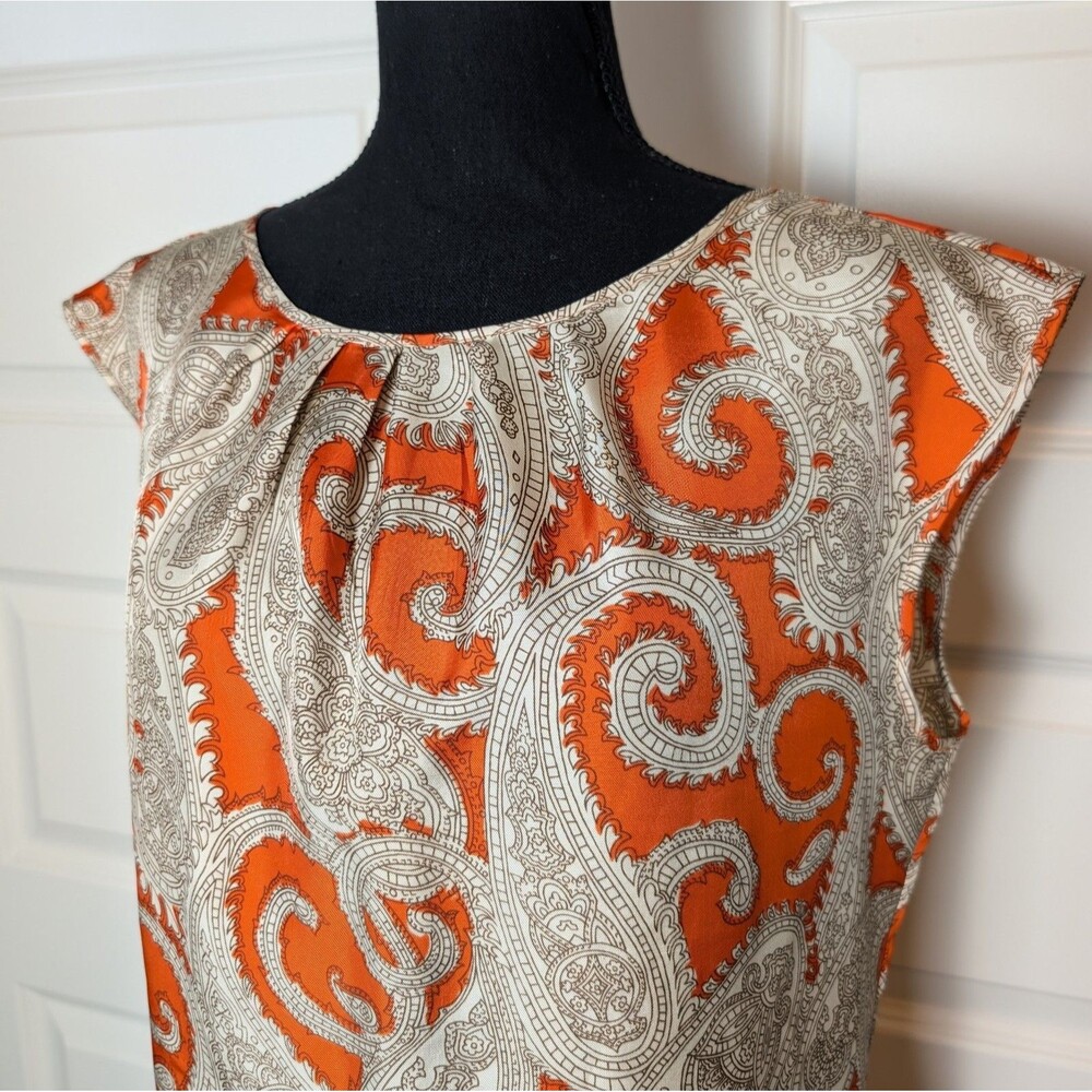 Talbots Size 12 Blouse Button Back Sleeveless  Orange Paisley Print Satin - Picture 4 of 8